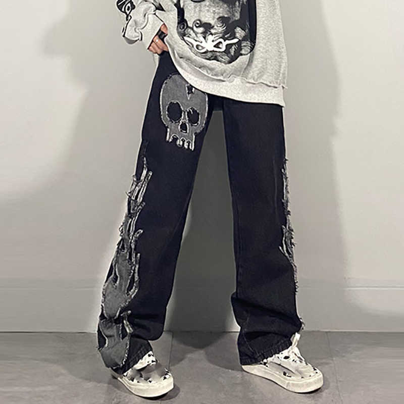SHENGPALAE Dark streetwear Wash Jeans Women's Spring High Waist Trendy Straight Tube Wide Leg Skeleton Denim Pants 210708