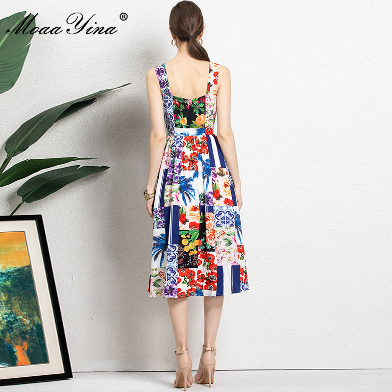 Summer Runway Bohemian Vacation Dress Women's Spaghetti Strap Floral print Elegant Midi 210524