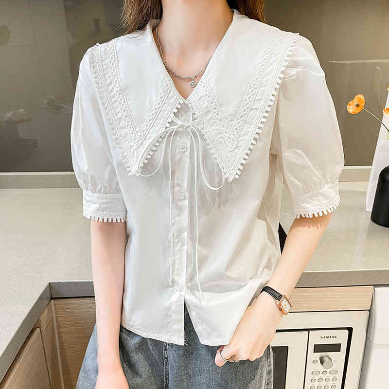 Comelsexy Spring/Summer Peter Pan Collar Blouse Women's Simple Lace Solid Color Short Sleeve Shirt Ladies Sweet Tops 210515