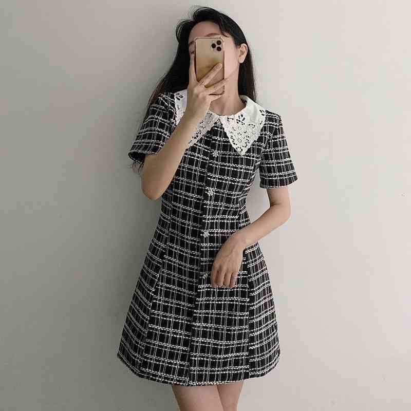 Neploe Vintage Dress Women Lace Peter Pan Collar Patchwork Korean Vestidos Single Breasted Slim Waist Short Sleeve Plaid Dresses 210422