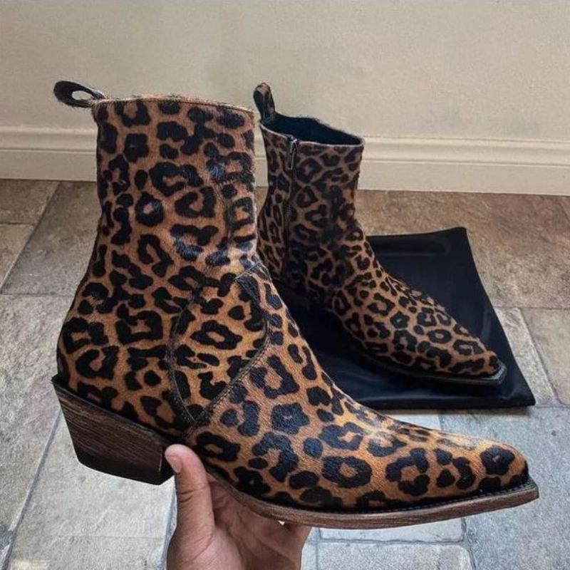Business casual ankle boots leopard print suede sewn high top zipper pointed men fashion hairstyle designer personality ZZ396, Black
Business casual ankle boots leopard print suede sewn high top zipper pointed men fashion hairstyle designer personality ZZ396, Black