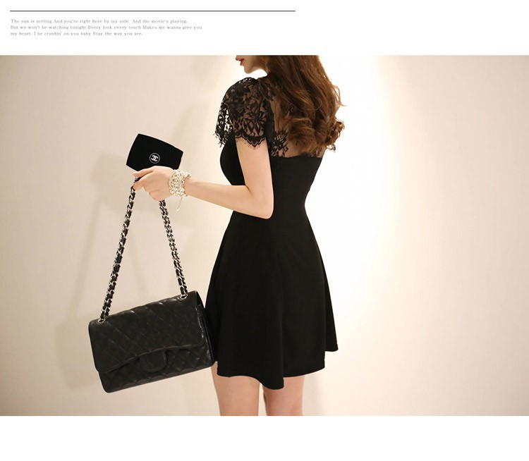 Summer Women Black Lace patchwork Short Sleeve Stand collar Elegant Office Mini Dress Vintage A-line Dresses Vestidos 210519
