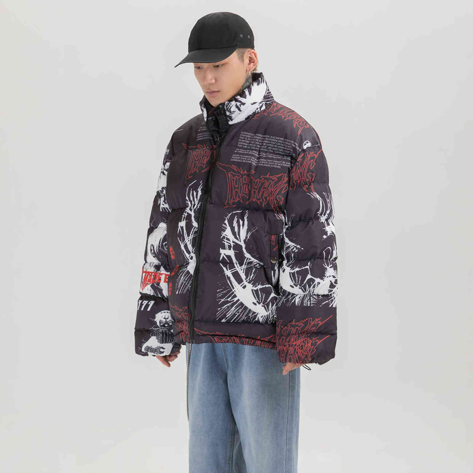 TEDSN Down Jacket Japanese Cartoon Graffiti Print Men Thick Parka Winter Warm Padded Coats Harajuku Windbreaker Streetwear 211110