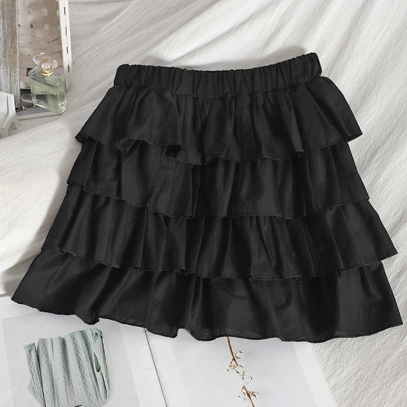 Korean Sweet Layered-ruffle Woman Skirts High Waisted A-line Mini Skirt Summer Causal Solid Mujer Faldas 6H548 210603