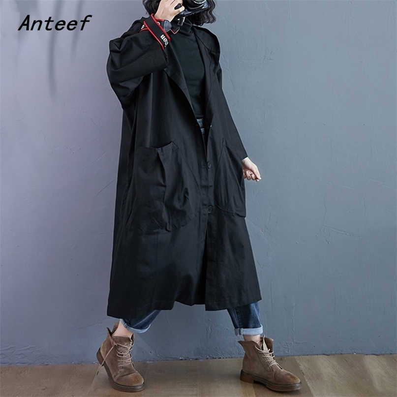 cotton hooded casual loose long autumn spring trench coat for women clothes Outerwear 210820