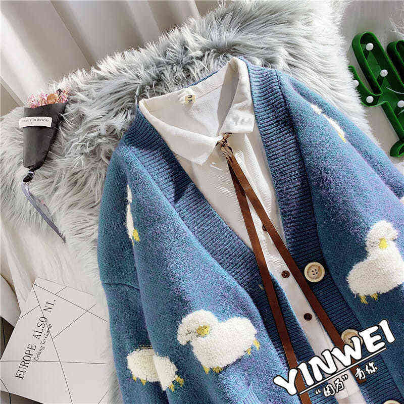 Autumn Winter Plus Size 3xl Cute Cartoon Print Knitted Cardigan Casual Big Pocket Single-breasted Sweaters Korean Loose Sweater 211117