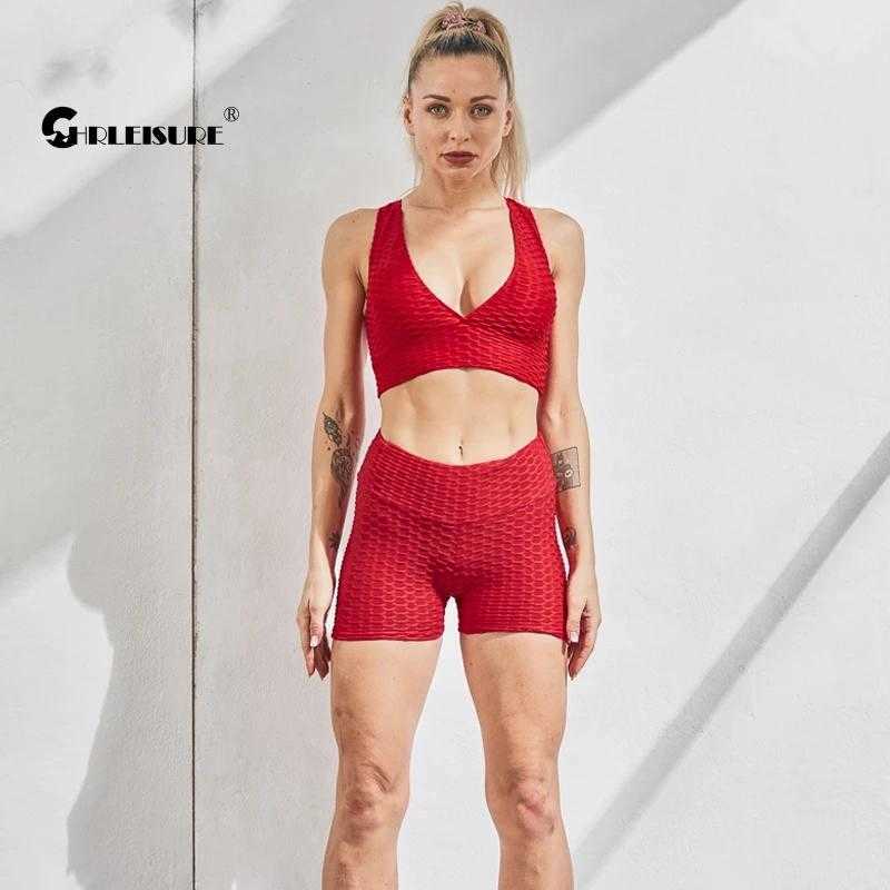 CHRLEISURE 3 Piece Yoga Set Fitness Anti Cellulite Gym Suits High Waist Leggings Shorts Push Up Tank Bra Sports Tracksuit 210909