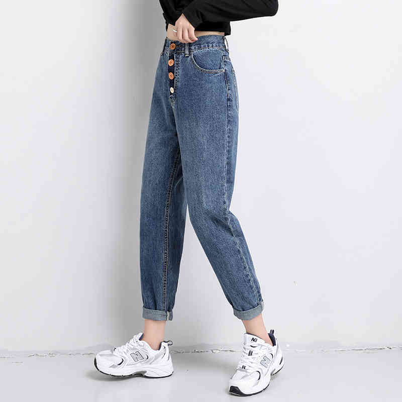 Autumn Allmatch Fashion Buckle Buttons Denim Jeans High Waist Women Harem Pants Loose 10792 210518