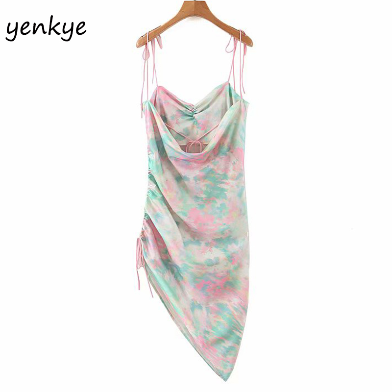 Tie-dye Print Sling Sexy Dress Romantic Women Backless Sleeveless Side Drawstring Asymmetric Dress Satin Chiffon Summer Dress 210515