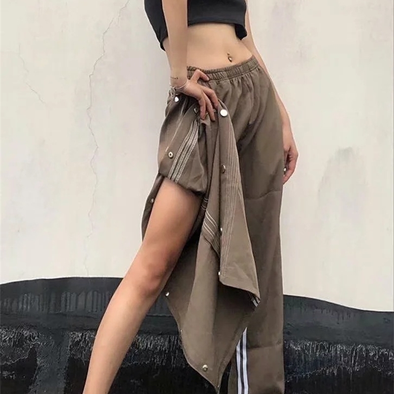 Nomikuma Side Buttons Split Wide Leg Pants Women Causal Sweatpants Autumn Stretch High Waist Striped Long Trousers 6B992 210427
