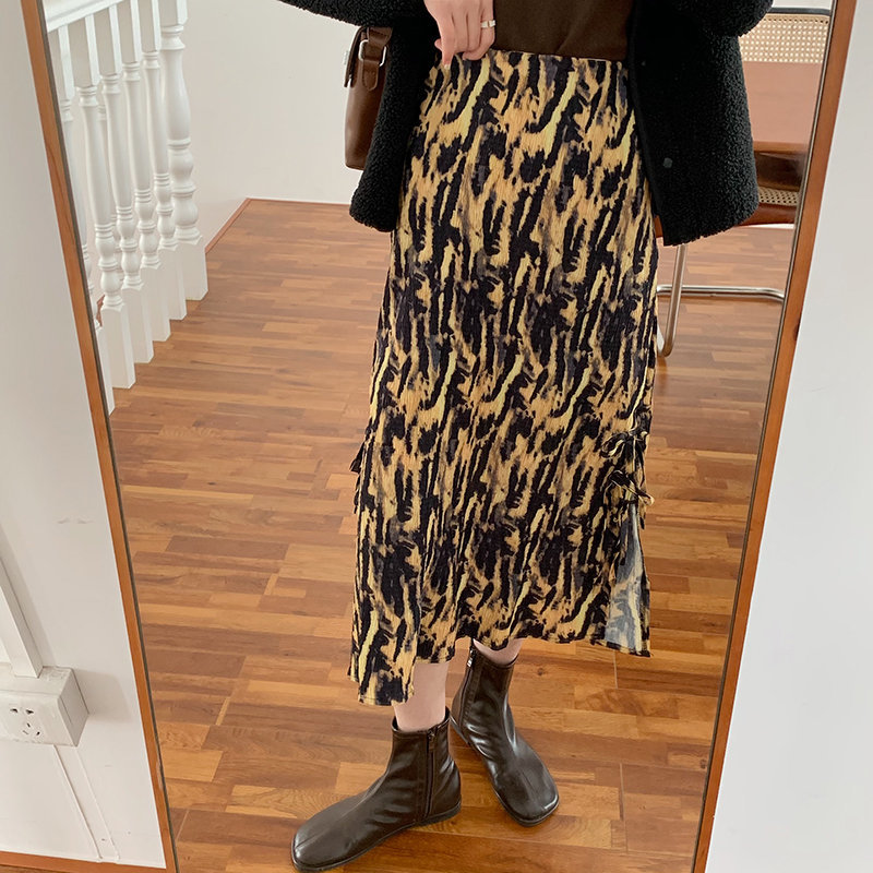 Printed High Waist Bottoming Pleated Chic Knitted Skirt Female OL Elegant Fashion Feminine Long Skirts Women 210421