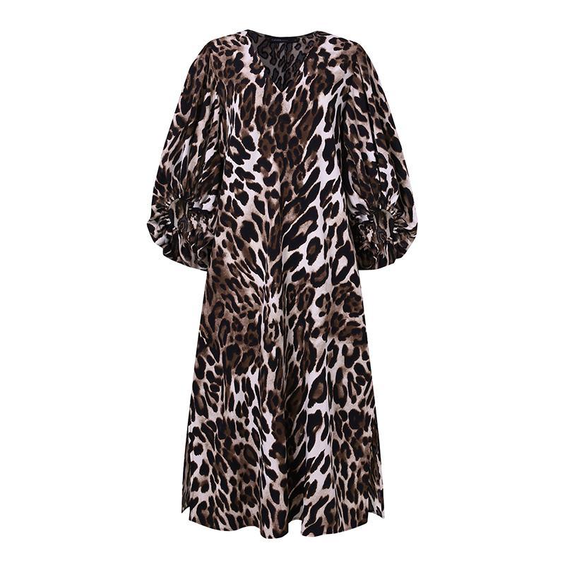 Celmia Lady Sexy Leopard Print Holiday Dress Women's Plus Size 5XL Dresses Casual Loose Puff Sleeve V-Neck Party Midi Vestidos 7