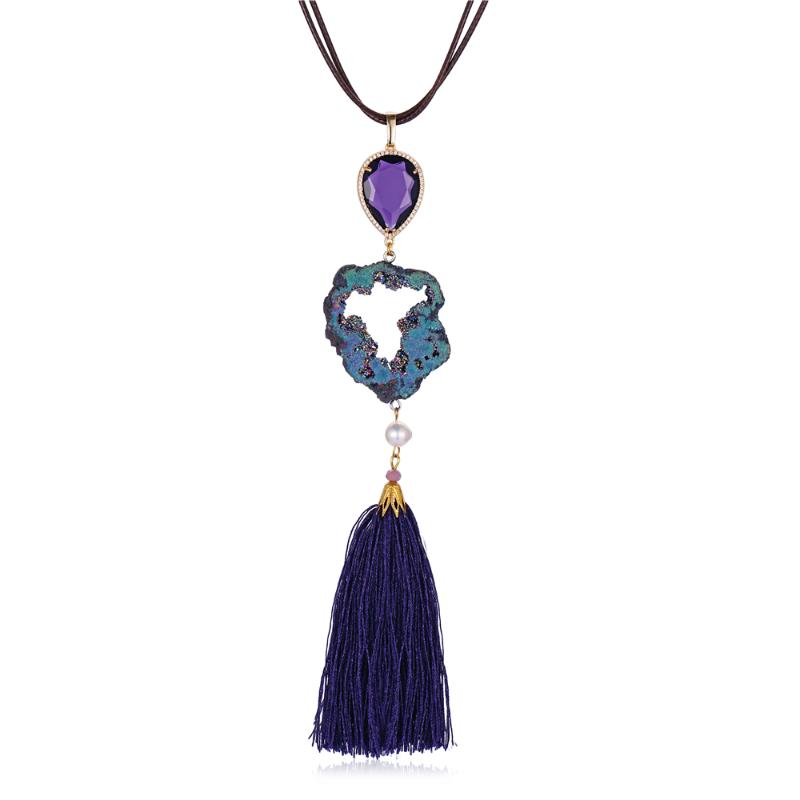 Pendant Necklaces DIY Natural Crystal Druzy Stone Bohemian Purple Tassel Long Necklace Black Leather Sweater For Women
Pendant Necklaces DIY Natural Crystal Druzy Stone Bohemian Purple Tassel Long Necklace Black Leather Sweater For Women
