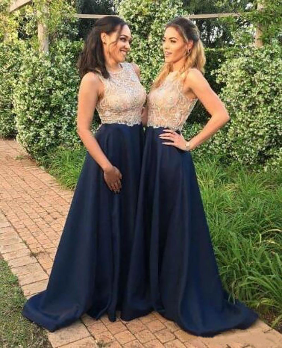 2021 New Gold and Bridesmaid Dresses Navy Blue Sheer Neck Mor Beaded Floor Length Wedding Guest Party Prom Evening Gowns 0509