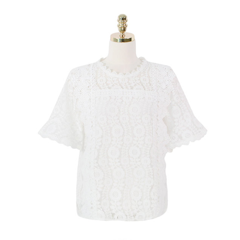 Summer Women Tops and Blouse Korean Fashion Clothing Lace Patchwork Blusas Mujer De Moda Elegant White Shirt 9594 210506