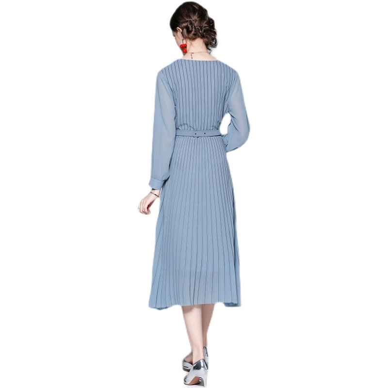 Arrival Fashion Stripes Sping Dress Women Chiffon Long Sleeve Vintage Slim Pleated Dresses Vestidos With Belt 210520