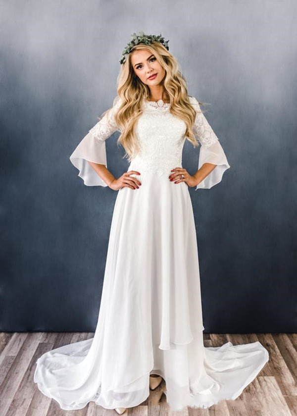 Chiffon Lace Boho Modest Wedding Dresses With Sleeves Lace-Up Back Country Western Informal Bridal Gowns robe de mariée bohème