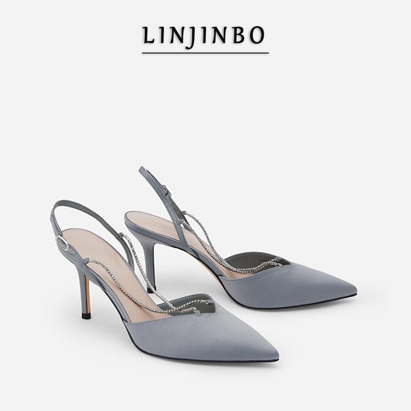 Dress Shoes Rhinestone Chain Design High Heels Women Pointed Toe Slingback Buckle Sandals Conceise Fashion Party 2021, Black 
Dress Shoes Rhinestone Chain Design High Heels Women Pointed Toe Slingback Buckle Sandals Conceise Fashion Party 2021, Black