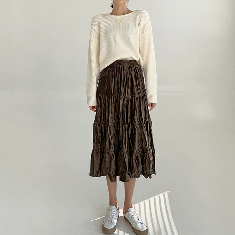 Spring High Waist Vintage Solid Pleated Velvet Skirt OL Elegant Fashion Bottoms Autumn Winter Long Skirts Womens 210421
