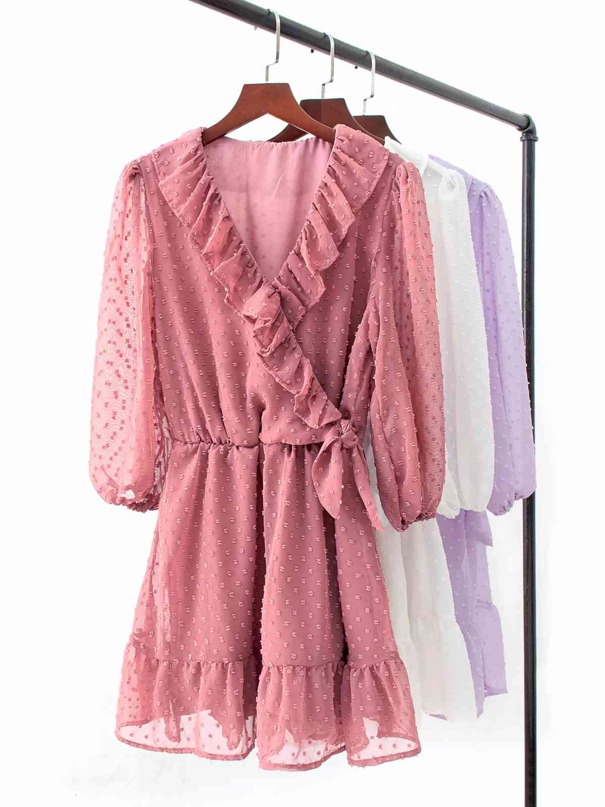 Foridol polka dot solid purple white dress v neck sheer sleeve dress autumn office lady casual mini dress ruffle vestidos 210415