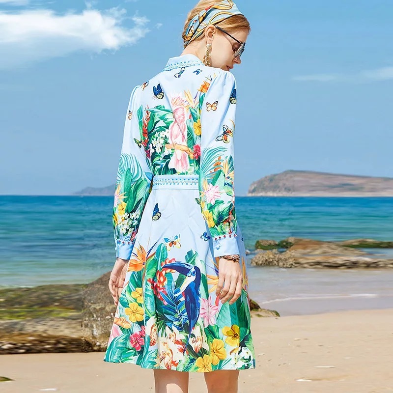 holiday long sleeve turn down collar tropical pleated knee length A-line dresses for women lady beach casual clothes 2XL 210421