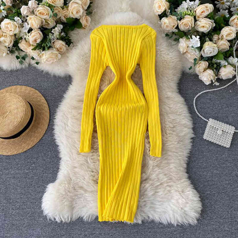 Women O Neck Stretchy Knitted Dress Autumn Winter Long sleeve Sweater Bodycon Dress Ladies Slim Knee-Length Party Vestidos 210521