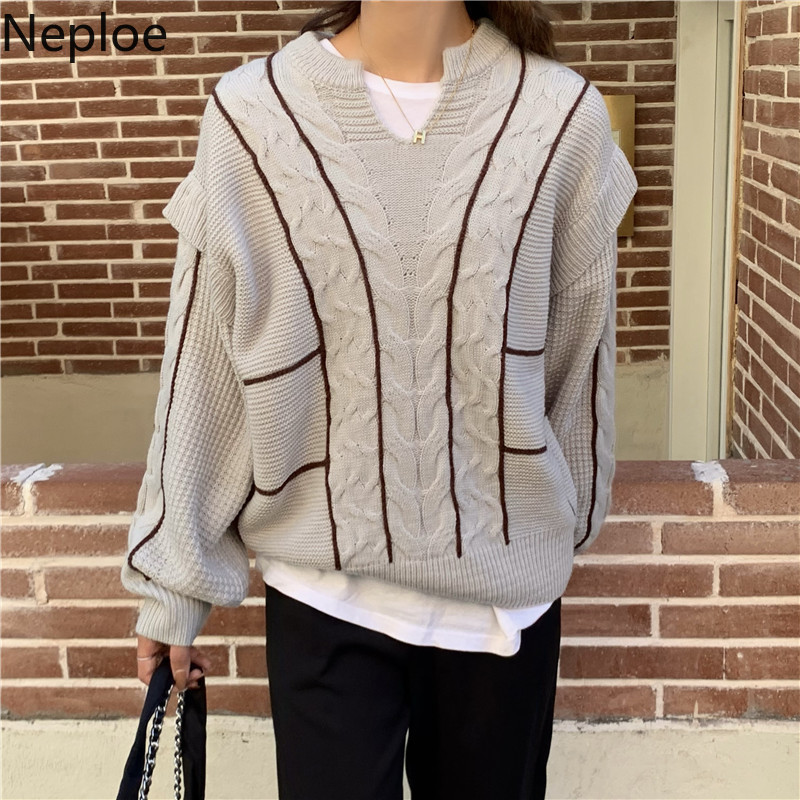 Neploe Vintage Knitted Sweaters for Women Overiszed Outwear Temperament Pullovers V-neck Ribbed Jumper Coat Pull Femme 4G825 210422