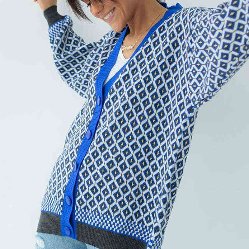 Women V Neck Knitted Cardigans Sweater Pink Houndstooth Knit Cardigan Long Sleeve Fashion Autumn Oversized Jumper 211109