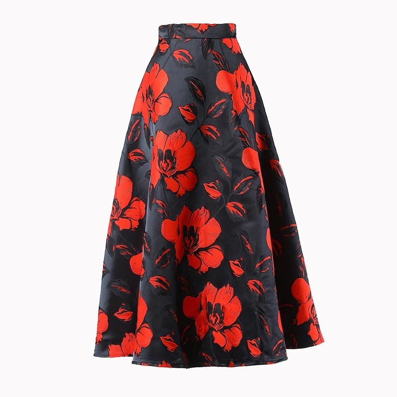 Vintage Printed Floral Skirt For Women High Waist A Line Midi Skirts Female Fashion Clothing Autumn 210521
