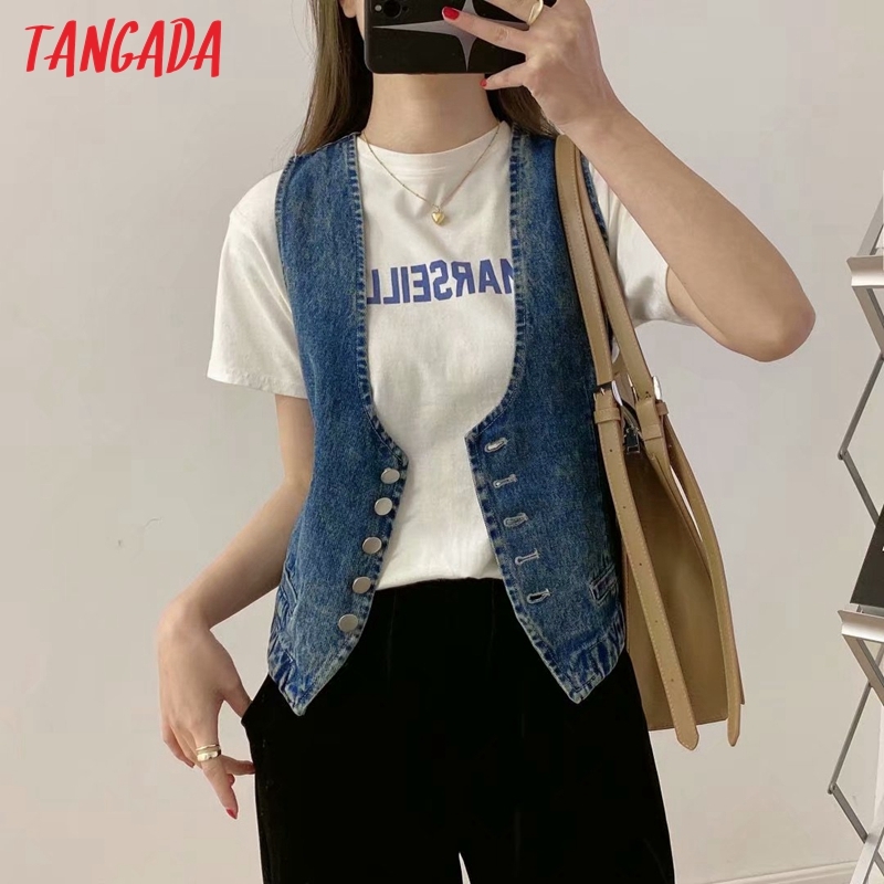 Women Vintage Blue Denim Waistcoat Vest V Neck Sleeveless Female Tops 5B12 210416