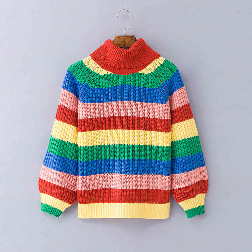 Rainbow Turtleneck Sweaters Women Winter Jumpers Knitted Clothes Fashion Striped Oversized Pullover Female 210428