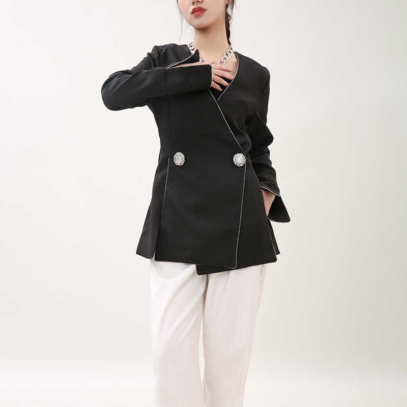 [EAM] Women Black Vent Temperament Blazer V-collar Long Sleeve Loose Fit Jacket Fashion Spring Autumn WD618 210512