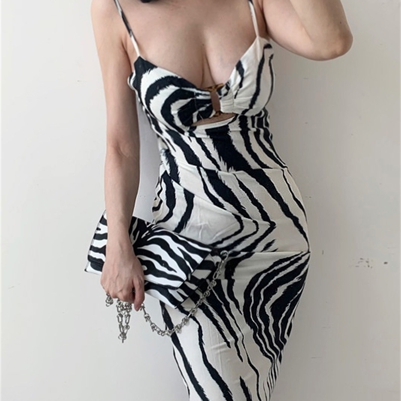 WOMENGAGA Zebra Pattern Hollowed Out Fashion Beach Holiday Irregular Stripe Low Chest Slash Neck Pleated Dress OYUR 210603