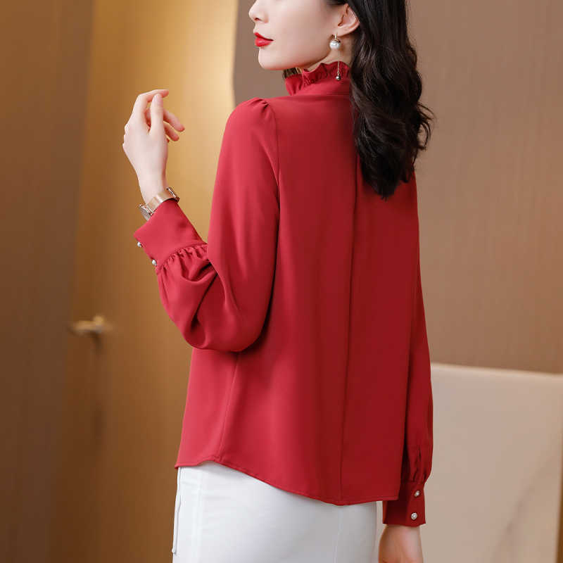 Korean Silk Women Blouses Woman Satin Beading Shirts Long Sleeve Shirt Tops Plus Size Ruffles Top 210604