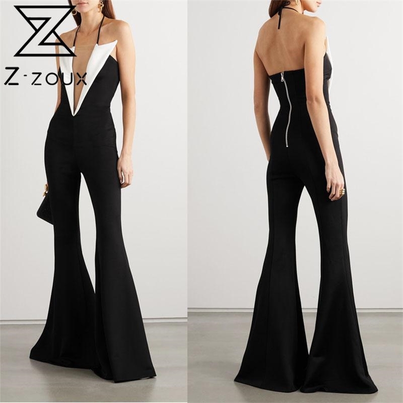 Women Jumpsut Color Matching V-neck Sleeveless Off Shoulder Sexy Rompers Womens Jumpsuit Black Vintage Long 210513