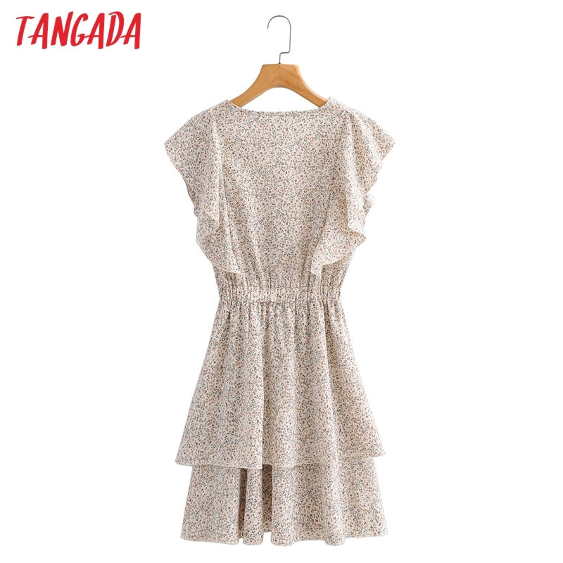 Summer Women French Style Floral Ruffles Sleeveless Ladies Vintage Dress Vestidos 1F127 210416