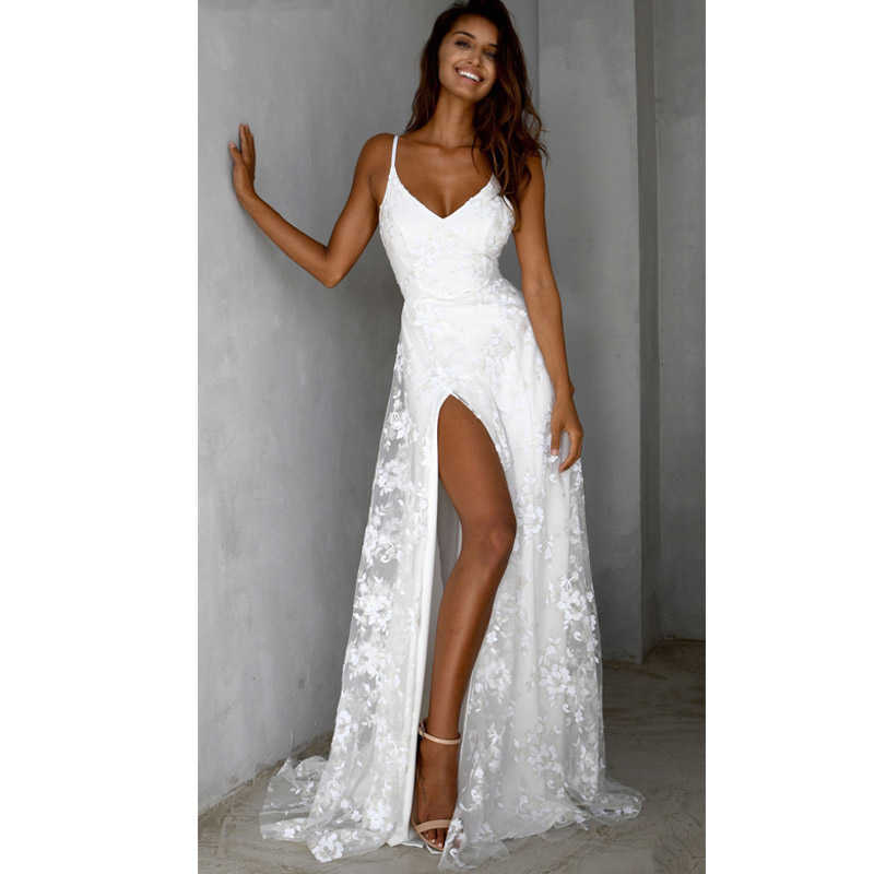 Women Boho Long Maxi Dress Summer Sexy Ladies Lace Beach Evening Party Wedding Dresses Sleeveless Sling V-Neck Slit Dress 210527