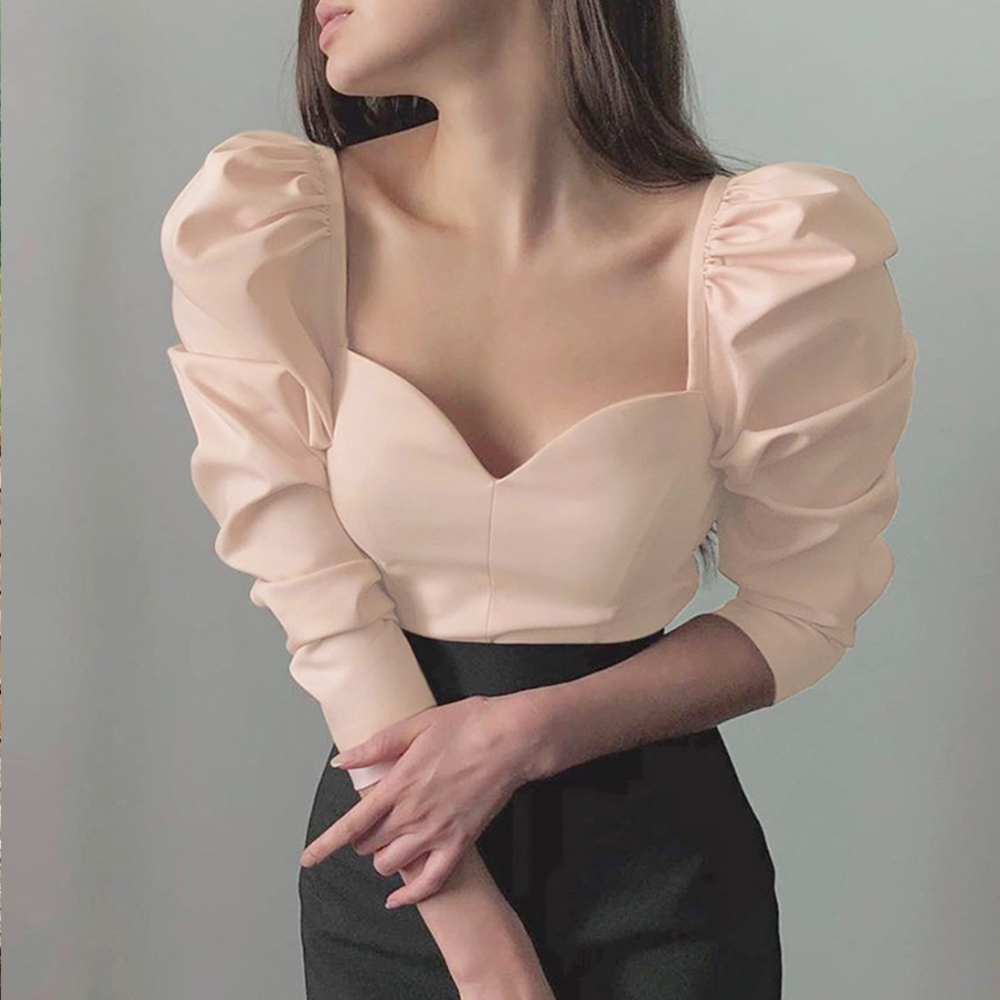 Elegant Womens Shirt Sexy V Neck Long Puff Sleeve Blouse Female Solid Tight Chic Tee Shirts Slim Tops Streetwear 210428