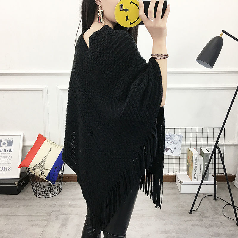 Early Autumn Female Korean Loose Fringed Shawl Sweater Coat Large Size Knitted Cape Bat Shirt Outer Pullover Blouse 210427