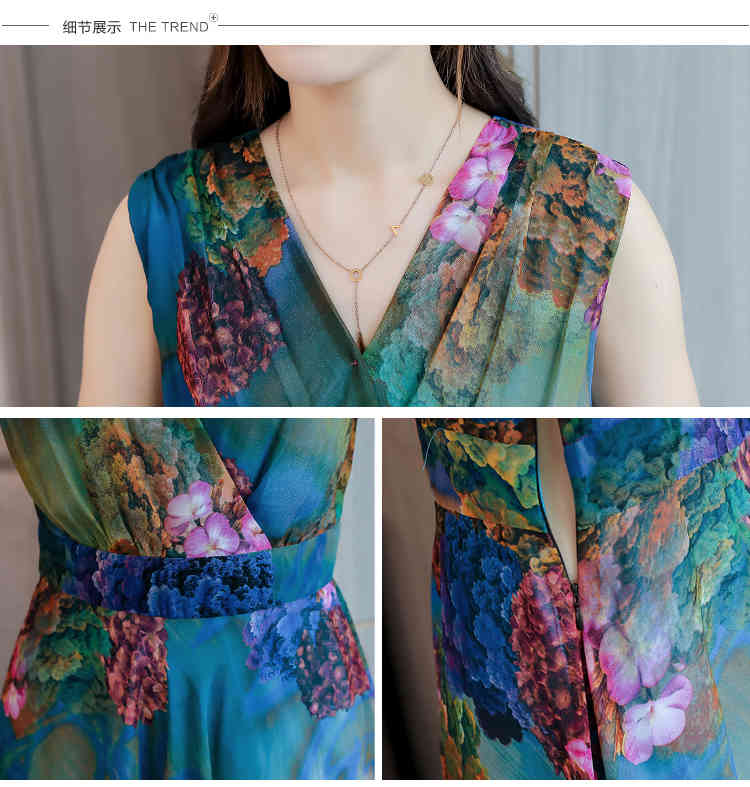 Chiffon Dress Summer Printed slim Female V Neck Sleeveless Bohemia Long Dresses Plus Size 210519