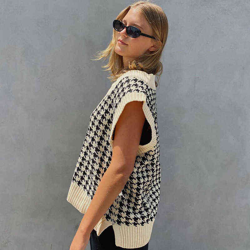 Vangull Fashion Oversized Houndstooth Knitted Vest Sweater Women Vintage Sleeveless Side Vents Female Waistcoat Loose Chic Tops 211120