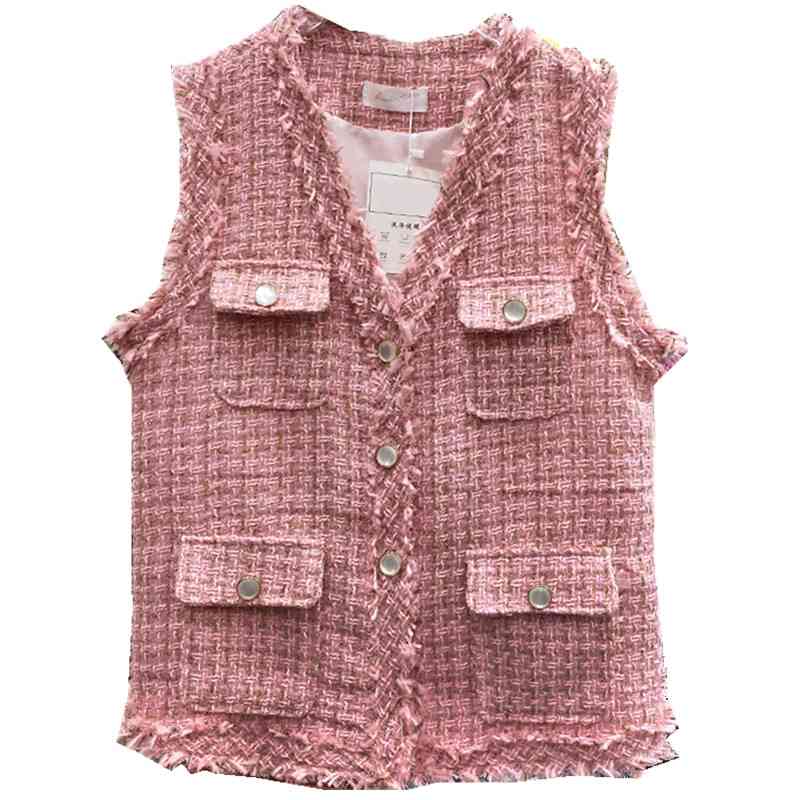 Autumn Women Tassel Tweed Vest Sleeveless Jacket Fashion Pocket V-Neck Coat Lady Loose Vests 210520