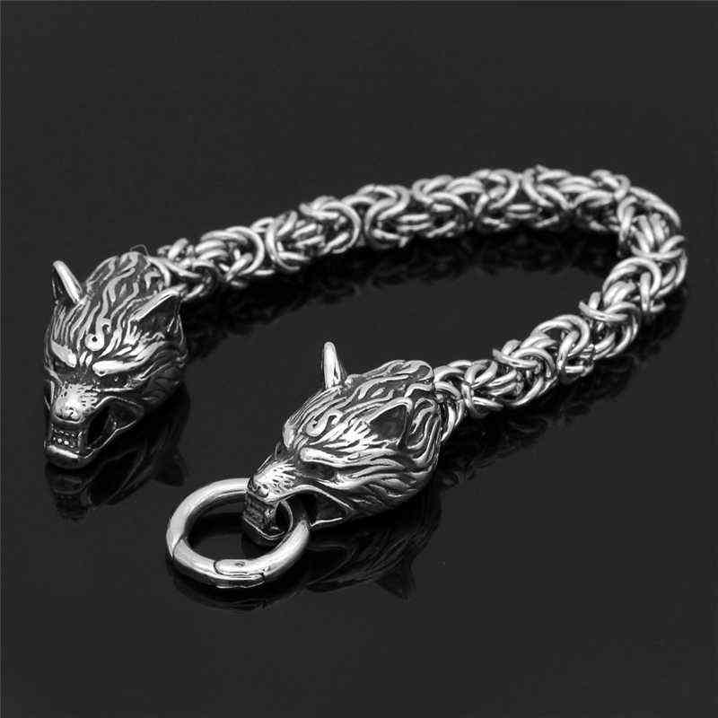 Never Fade Nordic Punk Viking Wolf Charm Bracelet Men Stainless Steel Chain Wristband Gold Head Bangles Accessories Jewelry 211124