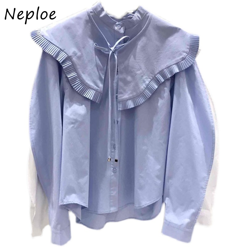 Elegant Wooden Ear Patchwork Loose Blouse Women Peter Pan Collar Long Sleeve Solid Blusas Spring Shirt 210422Z