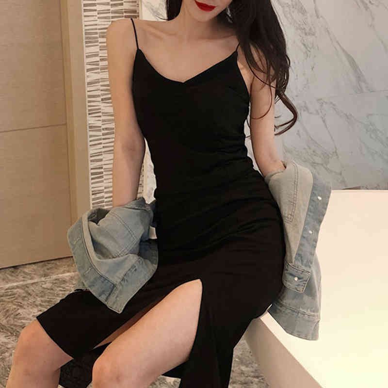 Summer Vintage Sexy Solid Black Slit Strap Dress Women High Waist Knee Length Sleeveless Slim Casual Dresses Lady D12701X 210416