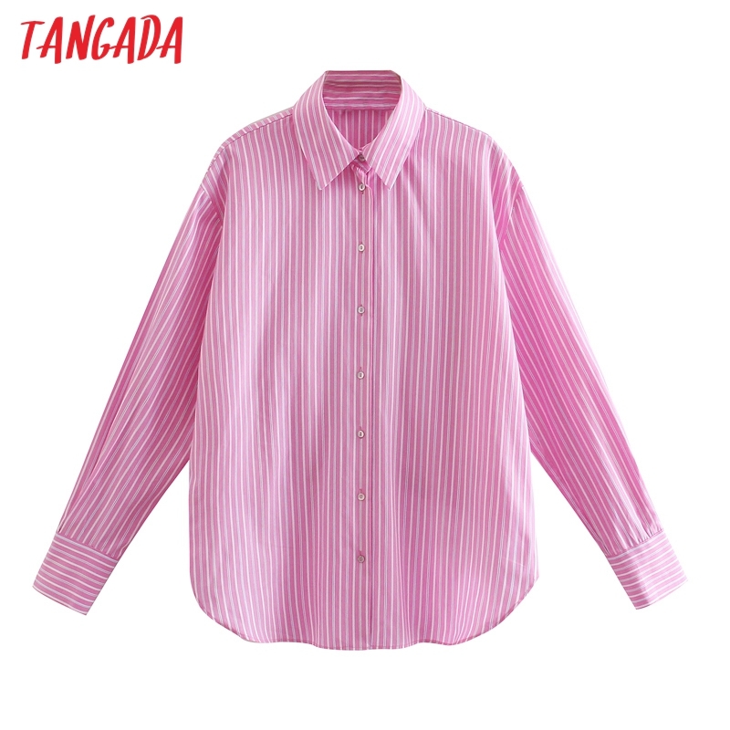Women Vintage Pink Striped Print Crop Long Sleeve Chic Female Casual Shirt JE23 210416