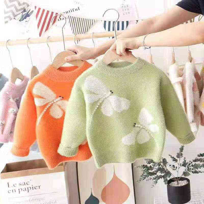 Sweaters Girl Dragonfly Pattern Mink Fleece Winter Clothes Kids Pullover Knitwear Sweater Children Clothing 211104