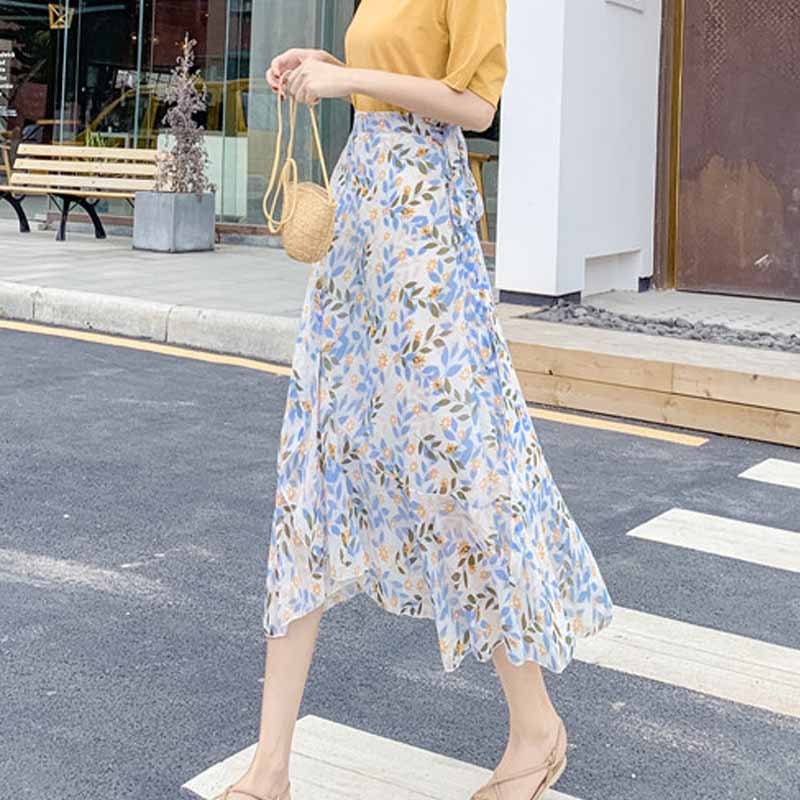 Summer Chiffon Skirt Women Lace-up Lotus Leaf Beach s Irregular Fishtail Floral Midi s Jupe Femme 10232 210518