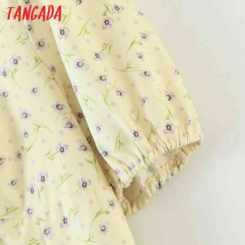 Summer Women Yellow Flowers Print Pleated Square Neck Short Sleeve Ladies Mini Dress 8M2 210416