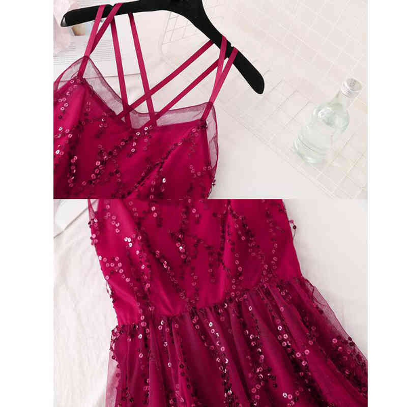 Summer Women Sequins Mesh Spaghetti Strap Dress Sleeveless V Neck Open Back Sexy Lace Dress Female Sweet Sling Tulle Long Dress 210521